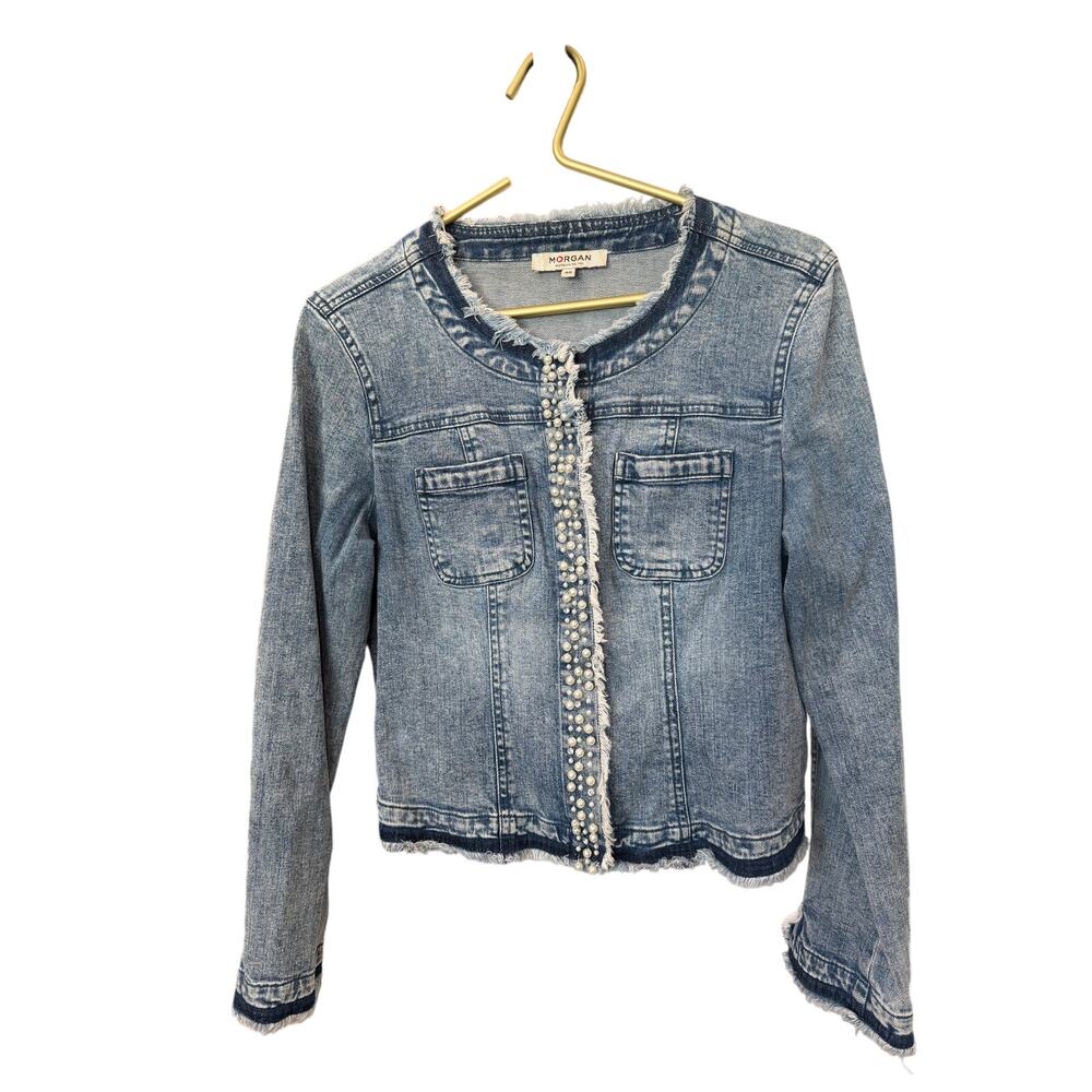 Morgan de Toi Pearl Trim Raw Hem Denim Jacket Size S Paris